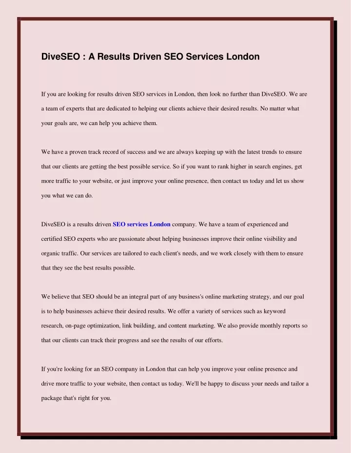 diveseo a results driven seo services london