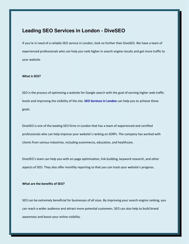 leading seo services in london diveseo