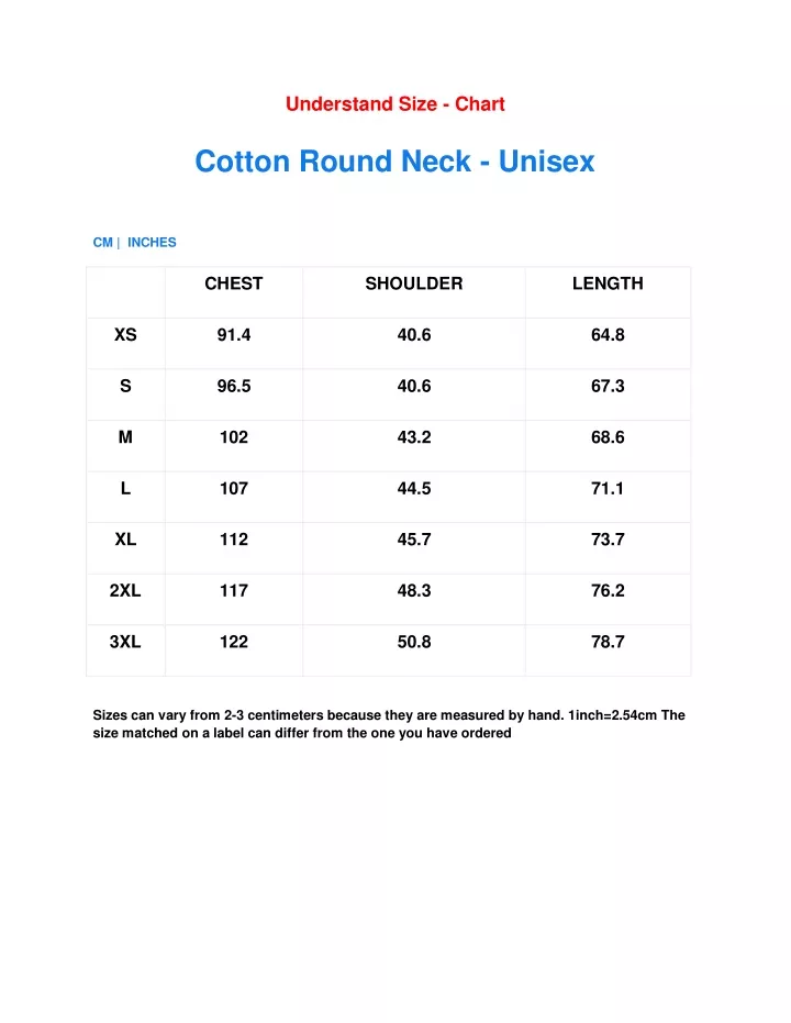 understand size chart cotton round neck unisex
