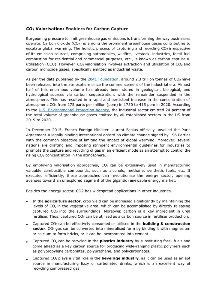 co 2 valorisation enablers for carbon capture