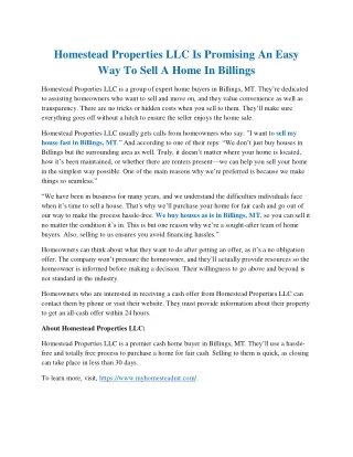 Homestead Properties LLC Is Promising An Easy Way To Sell A Home In Billings
