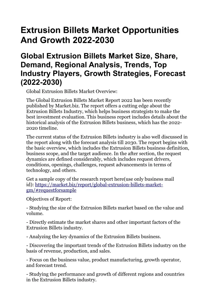 PPT - Extrusion Billets Market Opportunities And Growth 2022-2030 ...