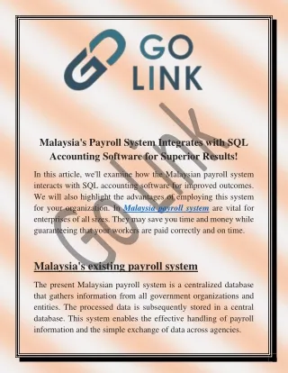 Malaysia's Payroll System Works with SQL Accounting Software to Produce Superior