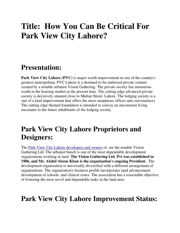 title how you can be critical for park view city