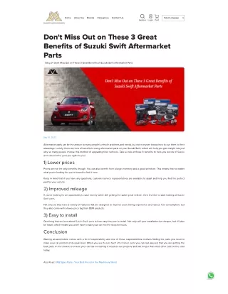 Don't Miss Out on These 3 Great Benefits of Suzuki Swift Aftermarket Parts