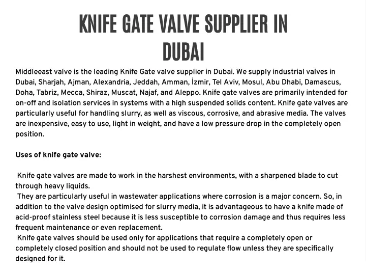 knife gate valve supplier in dubai middleeast