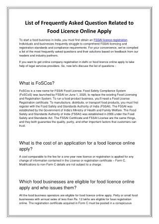 List of Frequently Asked Question Related to Food Licence Online Apply