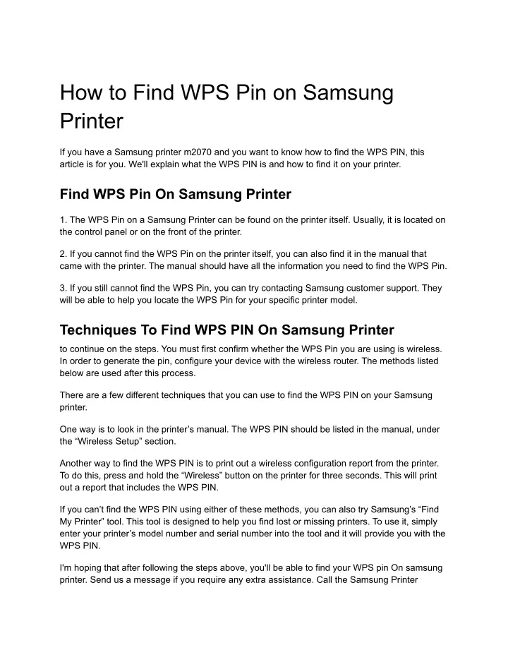 how to find wps pin on samsung printer