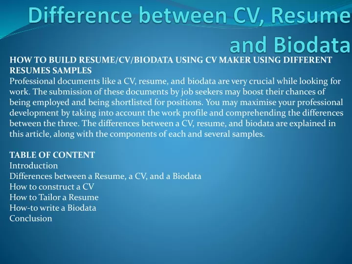 difference between cv resume and biodata