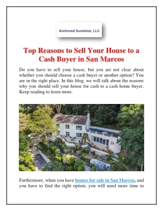 Top Reasons to Sell Your House to a Cash Buyer in San Marcos