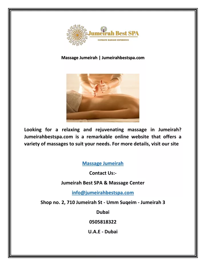 massage jumeirah jumeirahbestspa com