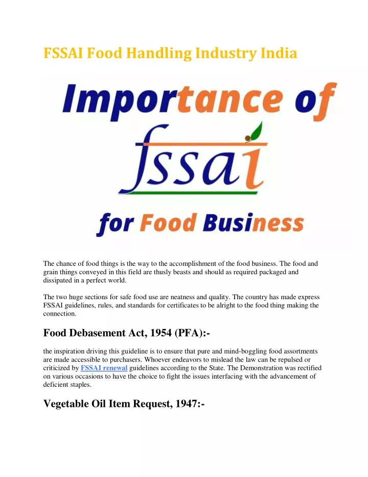 fssai food handling industry india