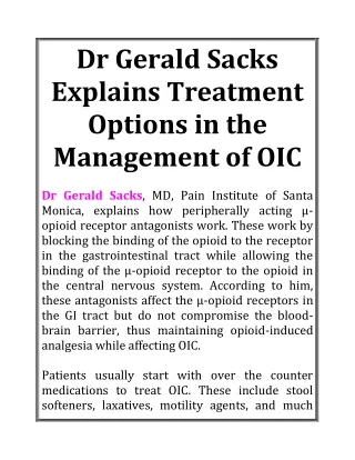 Dr Gerald Sacks Explains Treatment Options in the Management of OIC