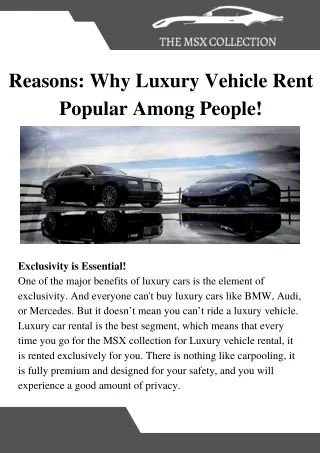 Reasons Why Luxury Vehicle Rent Popular Among People!