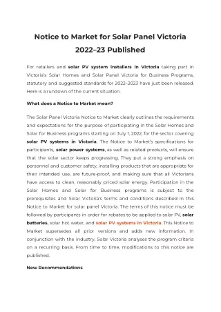 Notice to Market for Solar Panel Victoria 2022–23 Published