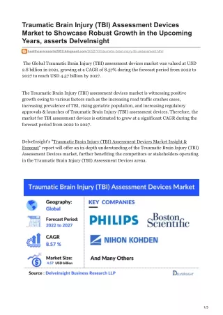 Traumatic Brain Injury TBI Assessment Devices Market to Showcase Robust Growth in the Upcoming Years