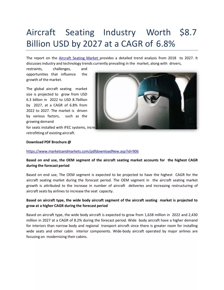 a i r c r a f t s e a t i n g i n d u s t r y w o r t h 8 7 billion usd by 2027 at a cagr of 6 8