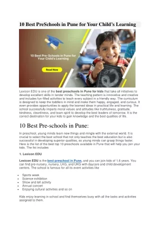 10 Best PreSchools in Pune for Your Child’s Learning