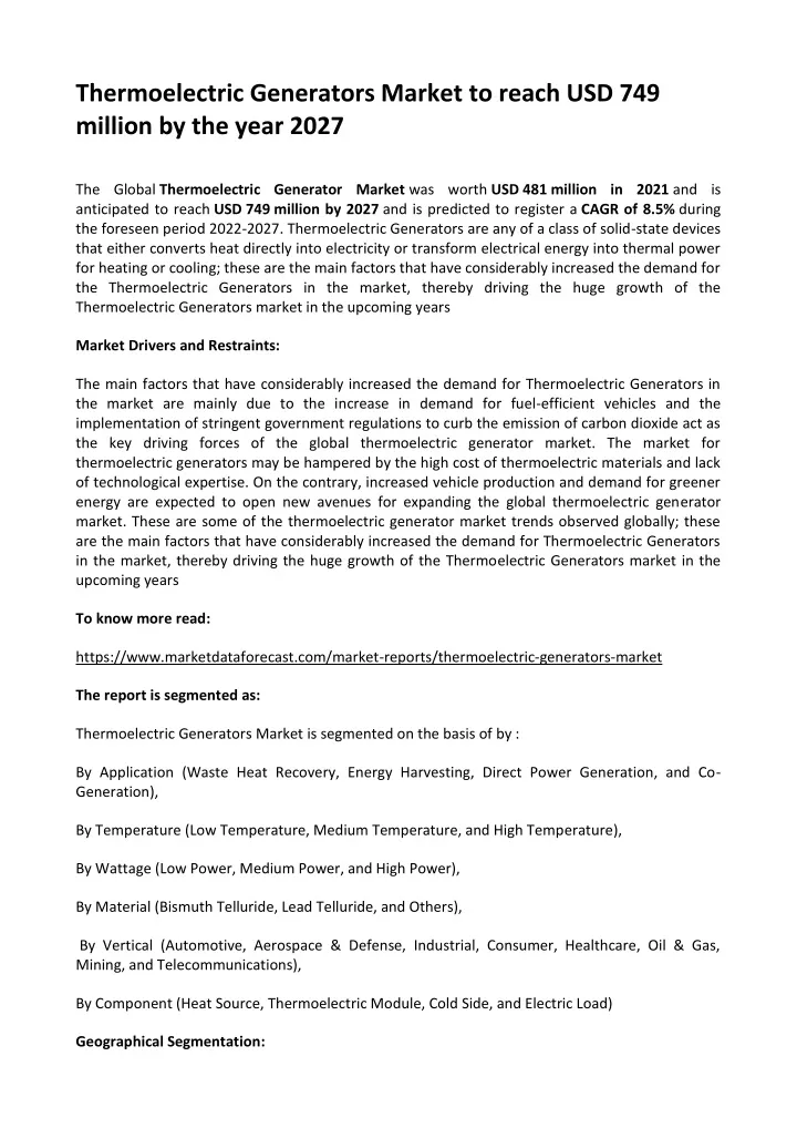 thermoelectric generators market to reach