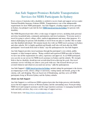 Aus Safe Support Promises Reliable Transportation Services for NDIS Participants In Sydney