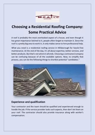Choosing a Residential Roofing Company Some Practical Advice