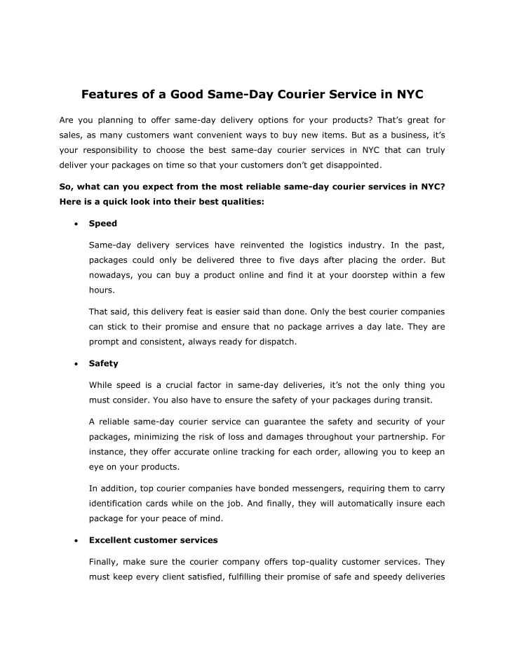 features of a good same day courier service in nyc