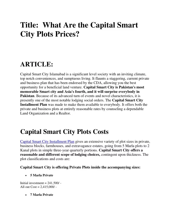 title what are the capital smart city plots prices