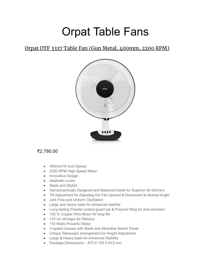 orpat table fans