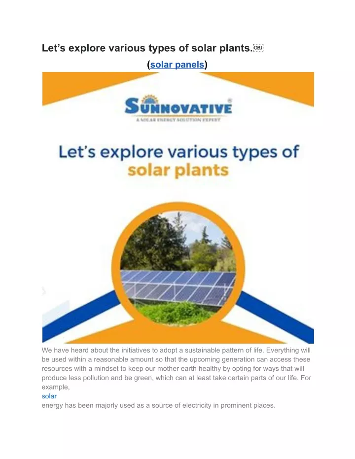 let s explore various types of solar plants