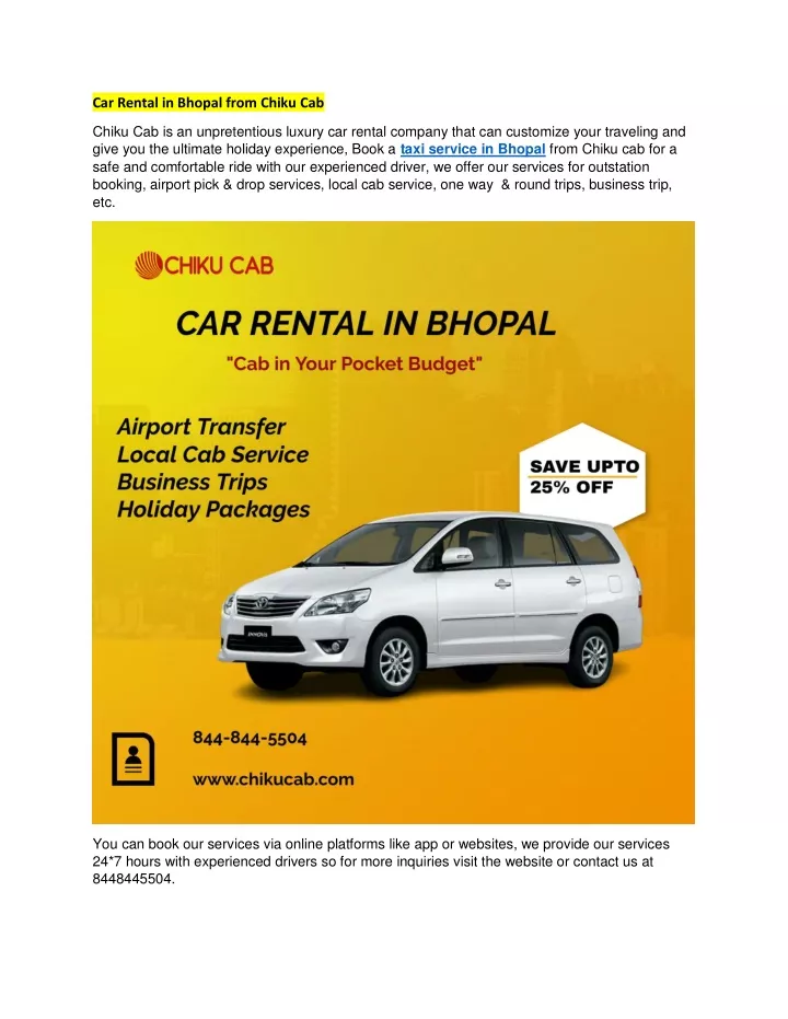 car rental in bhopal from chiku cab