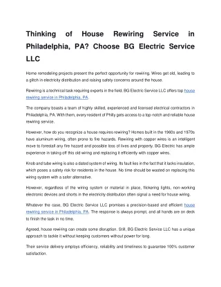 Thinking of House Rewiring Service in Philadelphia, PA? Choose BG Electric Serv