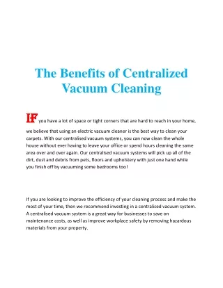 Centralized Vacuum Cleaning