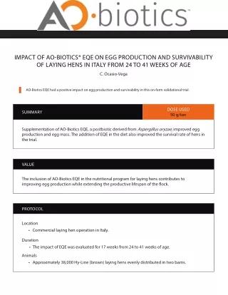IMPACT OF AO BIOTICS EQE ON EGG PRODUCTION AND SURVIVABILITY OF LAYING HENS IN ITALY FROM 24 TO 41 WEEKS OF AGE