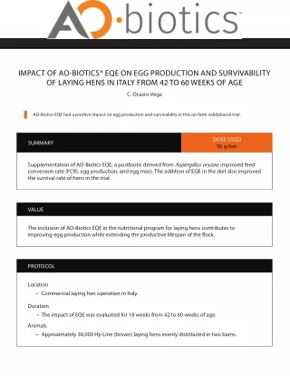 Impact of AO-Biotics EQE on Egg Production and Survivability of Laying Hens in Italy from 42 to 60 Weeks of Age
