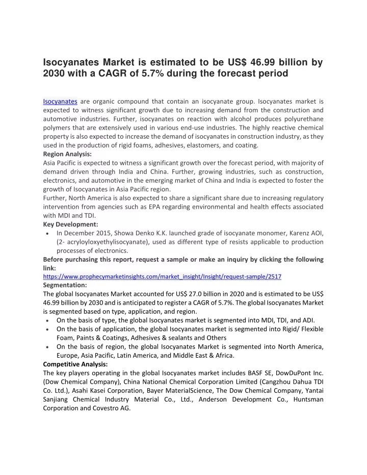 isocyanates market is estimated