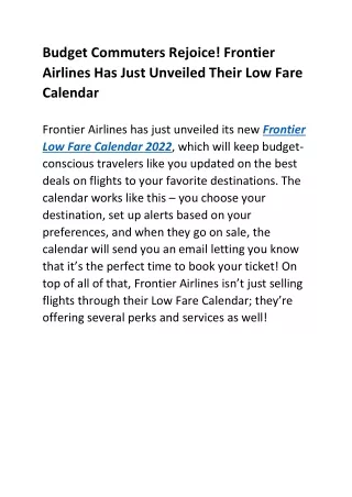 Frontier Airlines Has Just Unveiled Their Low Fare Calendar