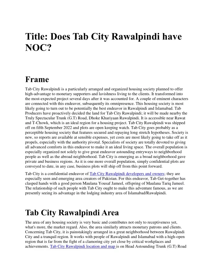 title does tab city rawalpindi have noc