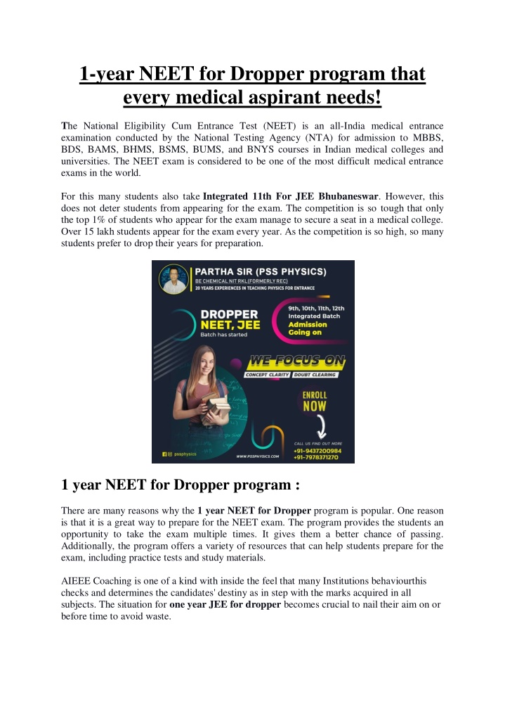 1 year neet for dropper program that every