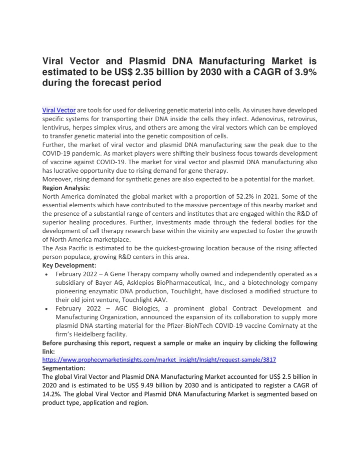 viral vector and plasmid dna manufacturing market