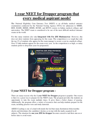 1-year NEET For Dropper Program That Every Medical Aspirant Needs!