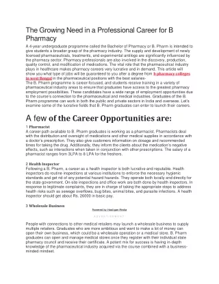 The Growing Need in a Professional Career for B Pharmacy