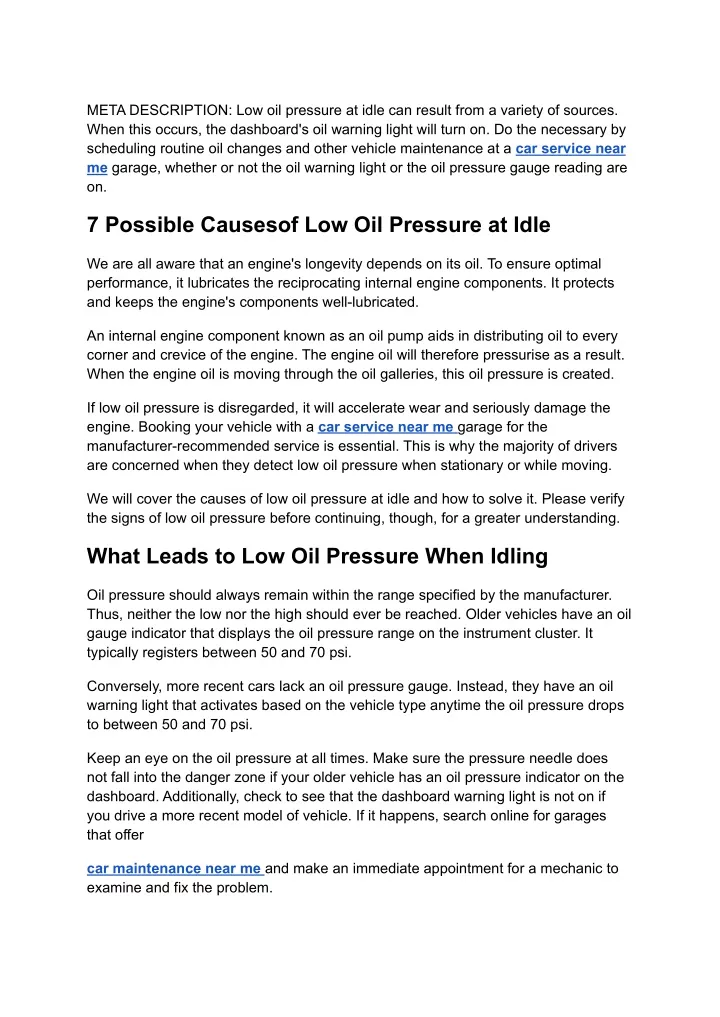 meta description low oil pressure at idle