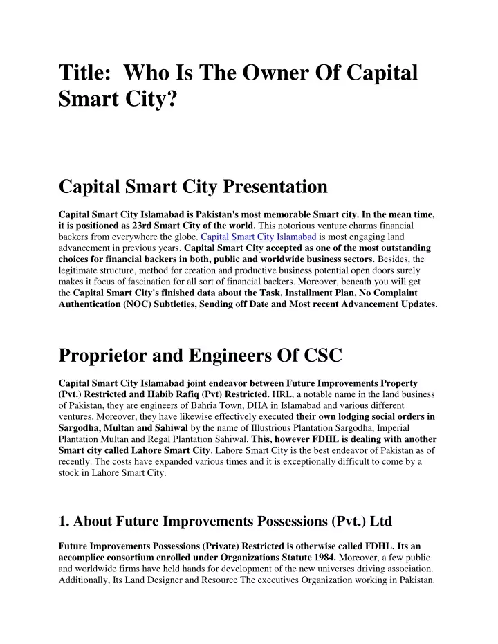 title who is the owner of capital smart city