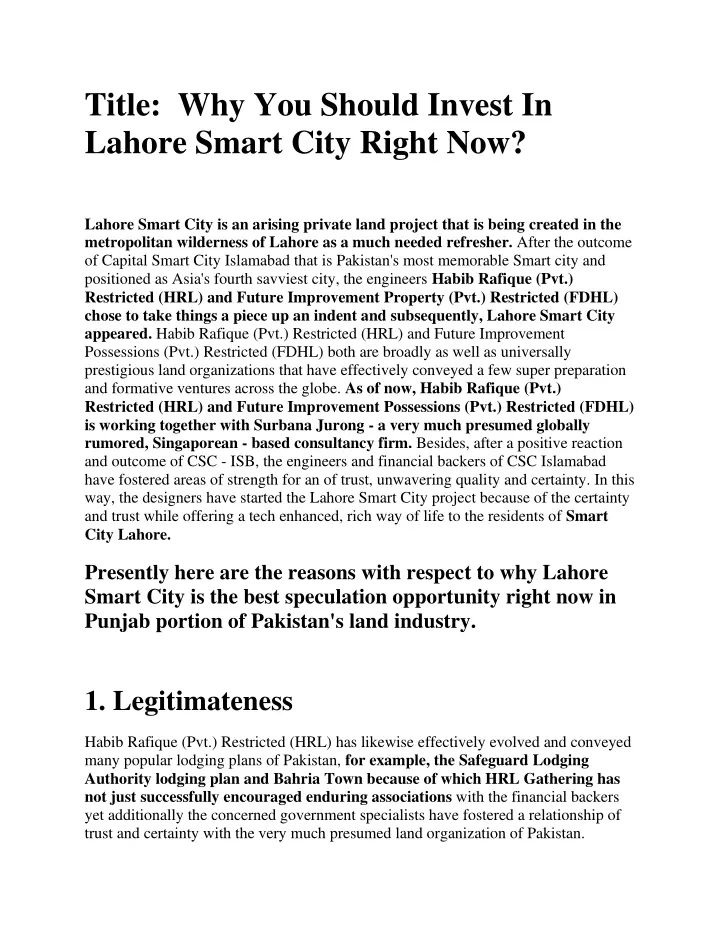 title why you should invest in lahore smart city