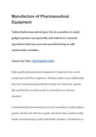 Manufacture of Pharmaceutical Equipment