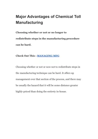 Major Advantages of Chemical Toll Manufacturing