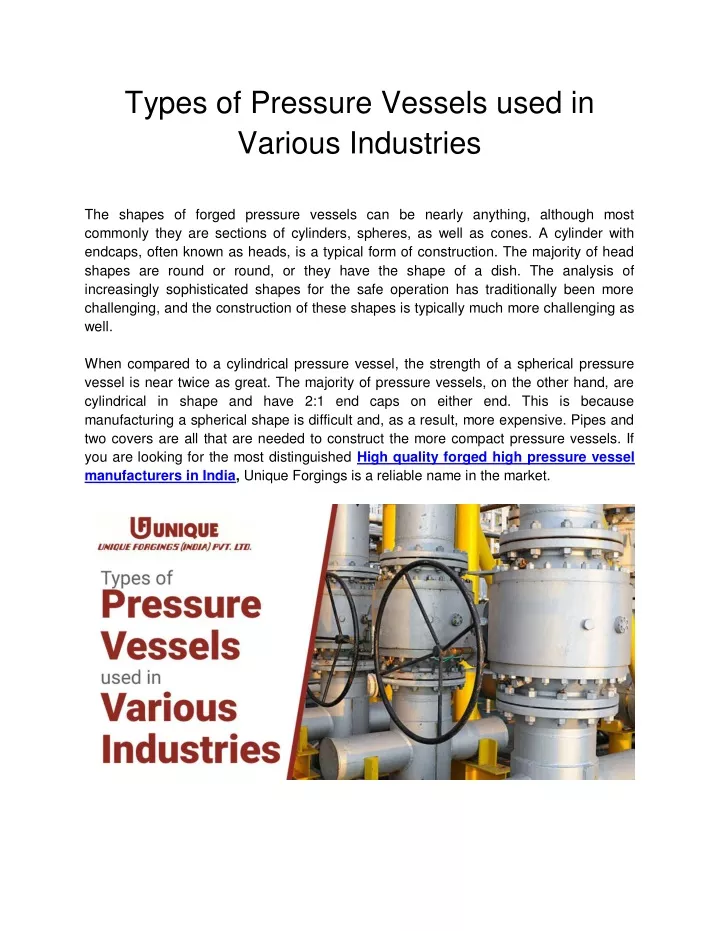 types of pressure vessels used in various