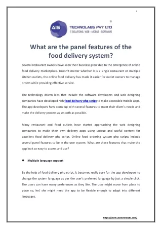 What are the panel features of the food delivery system?