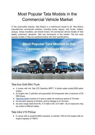 Most Popular Tata Models in the Commercial Vehicle Market