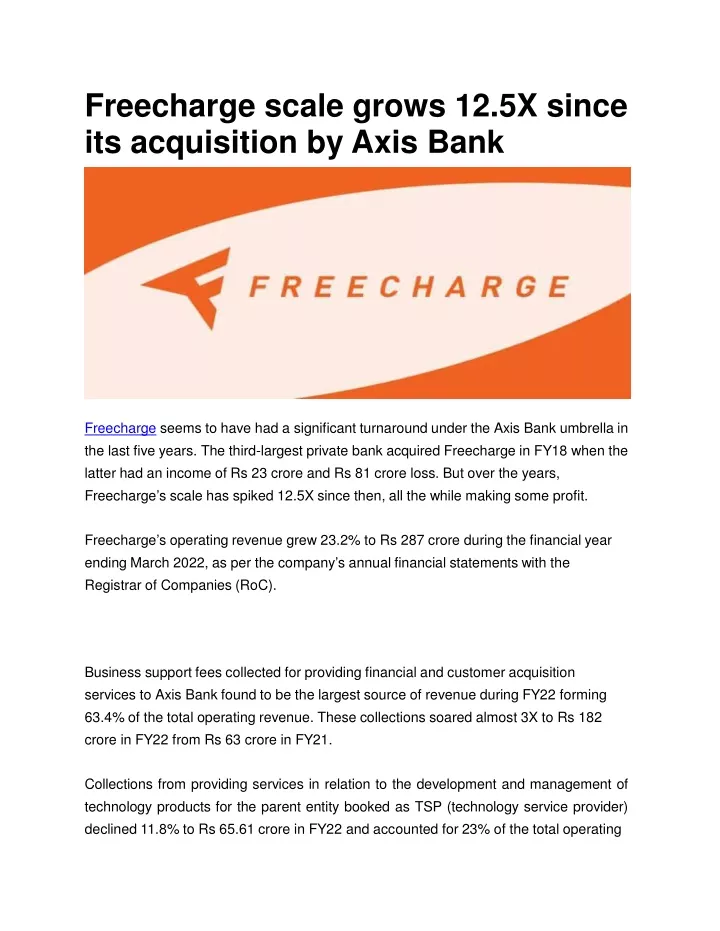 freec h a r ge scale grows 12 5x since its ac q uisit i on b y axis bank